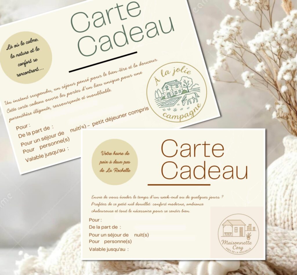 Cartes cadeaux séjour chambre d'hôtes A la Jolie Campagne et maison de vacances près de La Rochelle