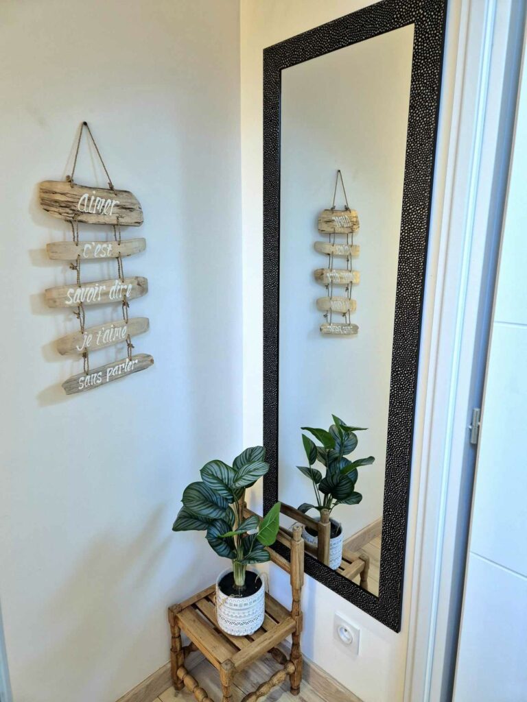 Grand miroir vertical avec cadre texturé noir reflétant une plante verte et une suspension murale en bois flotté avec des inscriptions poétiques