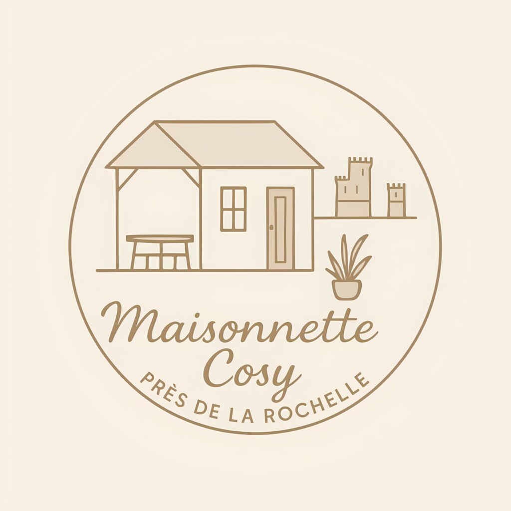 Logo circulaire illustrant une maison avec préau, une plante et les tours de La Rochelle avec l'inscription "Maisonnette cosy près de La Rochelle"