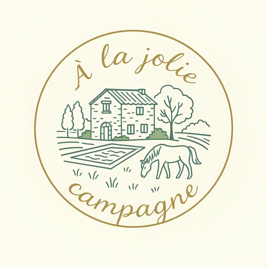 Logo circulaire illustrant une maison en pierre, une piscine et un poney avec l'inscription "A la Jolie Campagne"