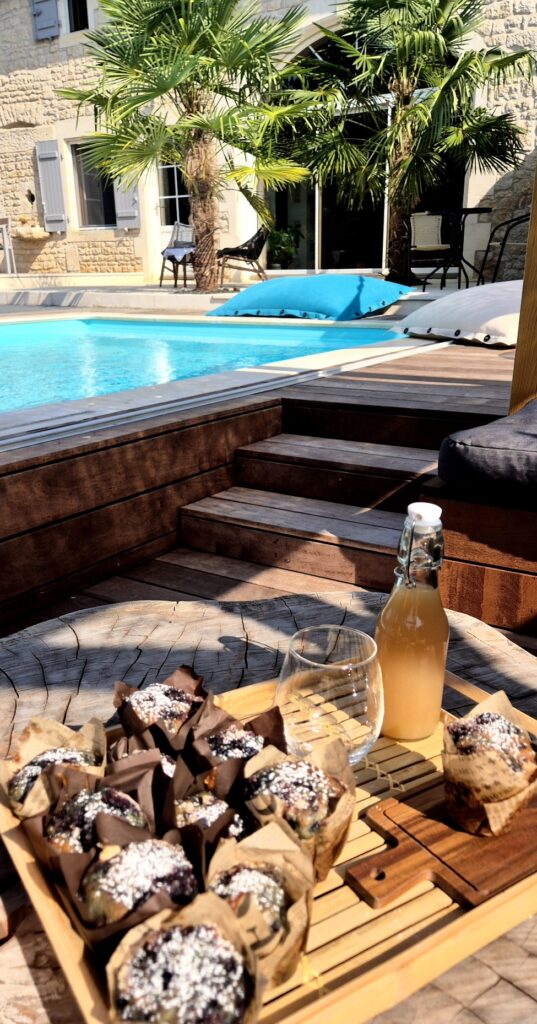 Vue depuis un salon extérieur ombragé au bord de la piscine avec un plateau de muffins à disposition