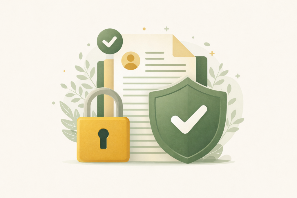 Illustration verte et dorée représentant un cadenas et un bouclier symbolisant la protection des données personnelles et la politique de confidentialité des Jolies Escales.