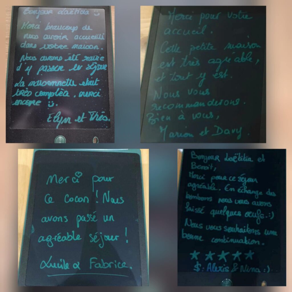 Montage de quatre messages de remerciements sur des ardoises numériques soulignant l'accueil chaleureux de Laëtitia